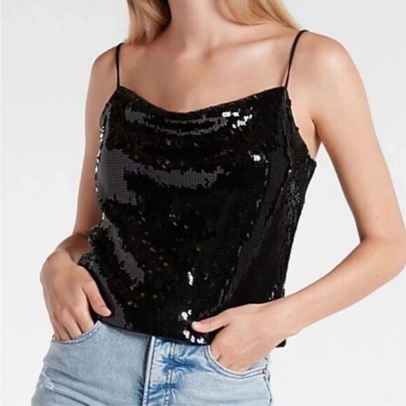Express Tops - Express Black Sequin Cowl Neck Tank Top Spaghetti Strap Cami Sparkly Part Top S